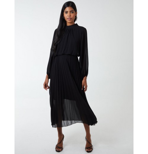 High Neck Pleated Midi Dress High Neck Pleated Midi Dress