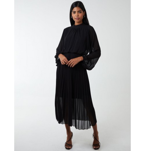 High Neck Pleated Midi Dress High Neck Pleated Midi Dress