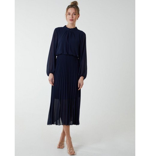 High Neck Pleated Midi Dress High Neck Pleated Midi Dress