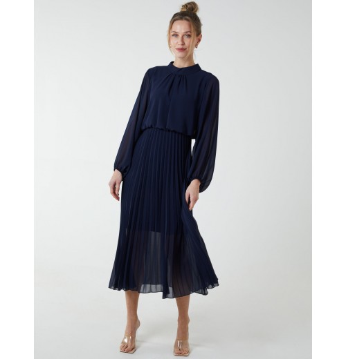 High Neck Pleated Midi Dress High Neck Pleated Midi Dress