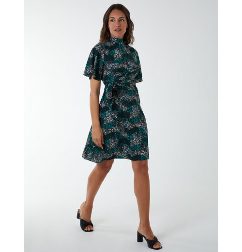 Wrap Front High Neck Dress With Angel Sleeve Wrap Front High Neck Dress With Angel Sleeve