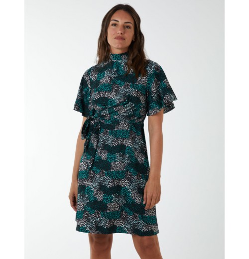 Wrap Front High Neck Dress With Angel Sleeve Wrap Front High Neck Dress With Angel Sleeve