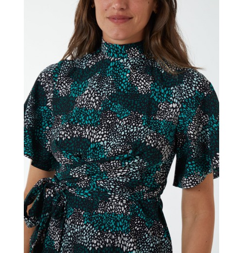 Wrap Front High Neck Dress With Angel Sleeve Wrap Front High Neck Dress With Angel Sleeve