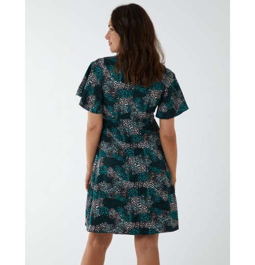 Wrap Front High Neck Dress With Angel Sleeve Wrap Front High Neck Dress With Angel Sleeve