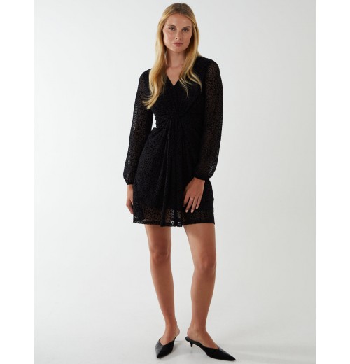 Leopard Print Flocked Knot Front Angel Sleeve Dress Leopard Print Flocked Knot Front Angel Sleeve Dress