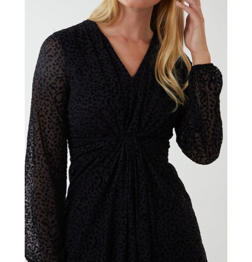 Leopard Print Flocked Knot Front Angel Sleeve Dress Leopard Print Flocked Knot Front Angel Sleeve Dress