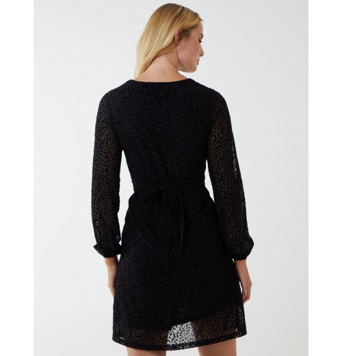 Leopard Print Flocked Knot Front Angel Sleeve Dress Leopard Print Flocked Knot Front Angel Sleeve Dress