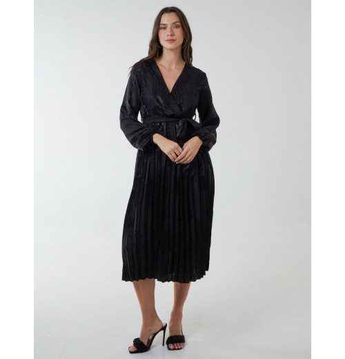 Jacquard Wrap Front Belted Pleated Midi Dress Jacquard Wrap Front Belted Pleated Midi Dress