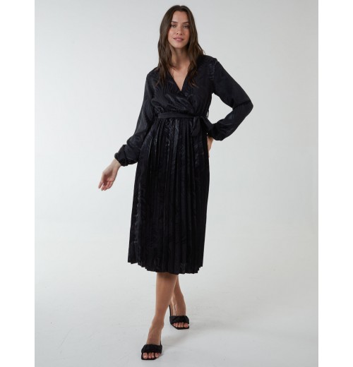 Jacquard Wrap Front Belted Pleated Midi Dress Jacquard Wrap Front Belted Pleated Midi Dress