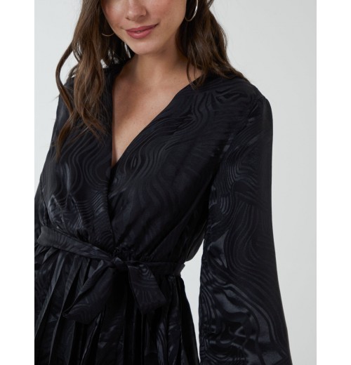Jacquard Wrap Front Belted Pleated Midi Dress Jacquard Wrap Front Belted Pleated Midi Dress