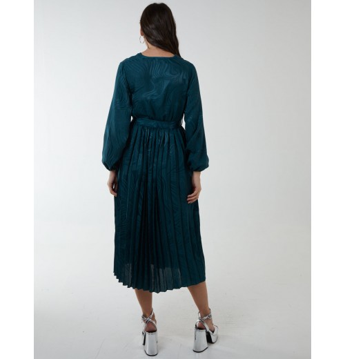 Jacquard Wrap Front Belted Pleated Midi Dress Jacquard Wrap Front Belted Pleated Midi Dress