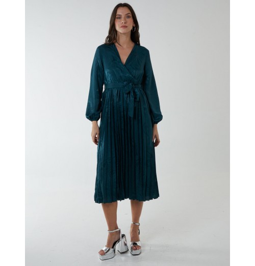 Jacquard Wrap Front Belted Pleated Midi Dress Jacquard Wrap Front Belted Pleated Midi Dress