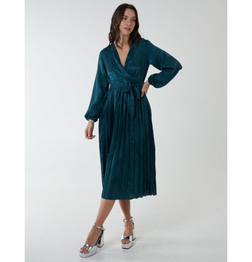 Jacquard Wrap Front Belted Pleated Midi Dress Jacquard Wrap Front Belted Pleated Midi Dress