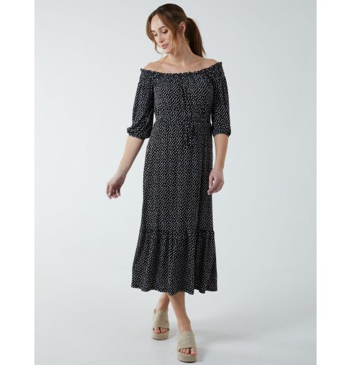 Off Shoulder Shirring Elastic Midi Dress Off Shoulder Shirring Elastic Midi Dress