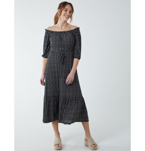 Off Shoulder Shirring Elastic Midi Dress Off Shoulder Shirring Elastic Midi Dress