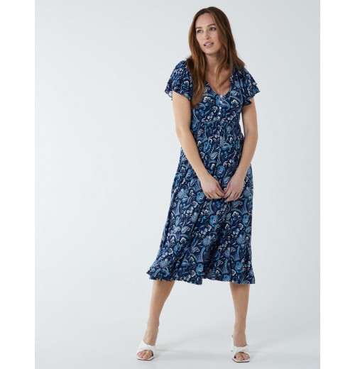Ruffle Sleeve Elasticated Godet Midi Dress Ruffle Sleeve Elasticated Godet Midi Dress