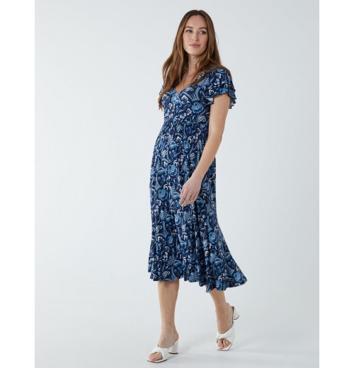 Ruffle Sleeve Elasticated Godet Midi Dress Ruffle Sleeve Elasticated Godet Midi Dress