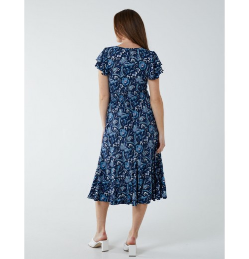 Ruffle Sleeve Elasticated Godet Midi Dress Ruffle Sleeve Elasticated Godet Midi Dress