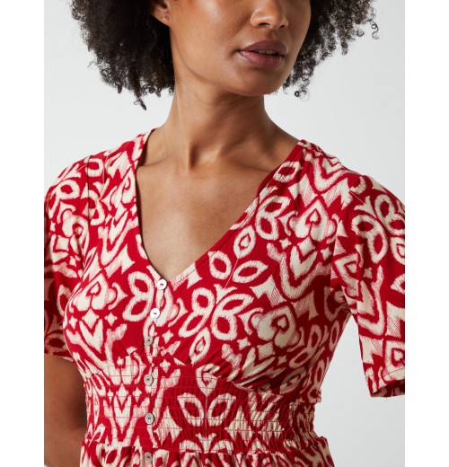 V Neck Shirred Mini Tea Dress With Split V Neck Shirred Mini Tea Dress With Split