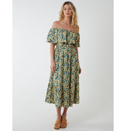 Bardot Ruffle Shoulder Midi Dress Bardot Ruffle Shoulder Midi Dress