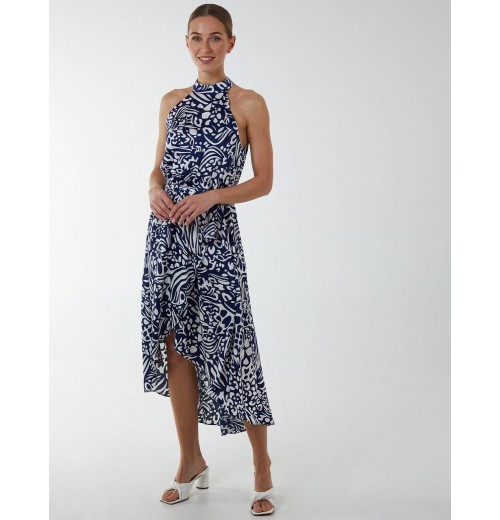 Abstract Print Halter Neck Midi Wrap Dress