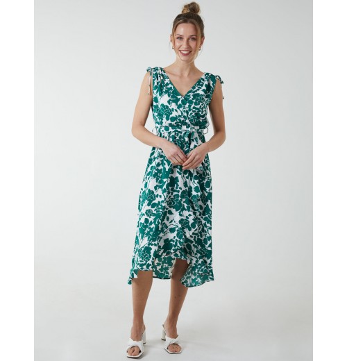 Wrap Front Midi Dress With Ruffle Hem Wrap Front Midi Dress With Ruffle Hem