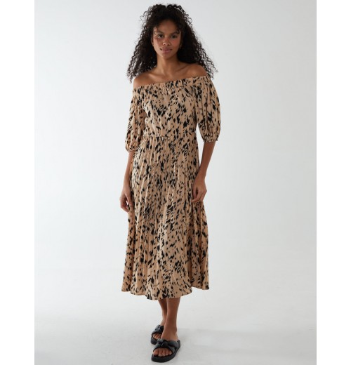 Bardot Midi Dress With Pleated Hem Bardot Midi Dress With Pleated Hem