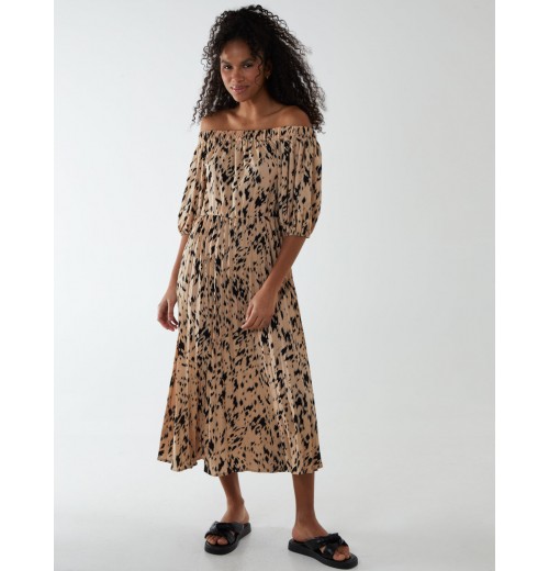 Bardot Midi Dress With Pleated Hem Bardot Midi Dress With Pleated Hem