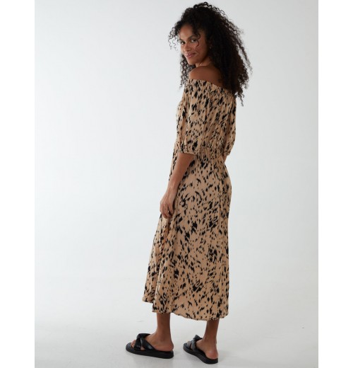 Bardot Midi Dress With Pleated Hem Bardot Midi Dress With Pleated Hem