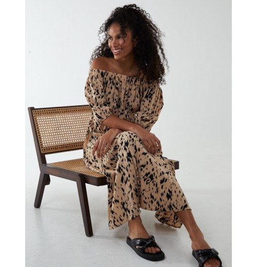 Bardot Midi Dress With Pleated Hem Bardot Midi Dress With Pleated Hem