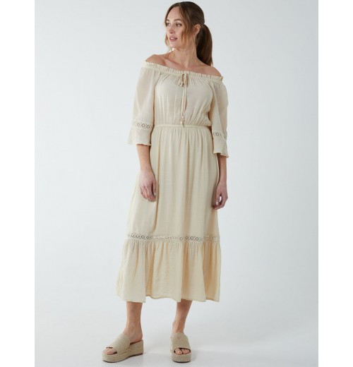 Off Shoulder Elasticated Lace Insert Midi Dress Off Shoulder Elasticated Lace Insert Midi Dress