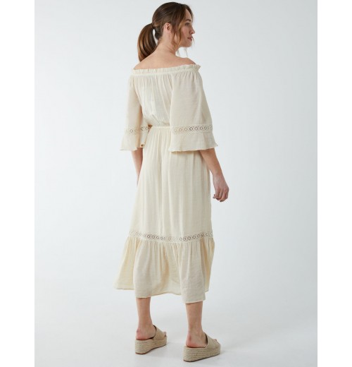 Off Shoulder Elasticated Lace Insert Midi Dress Off Shoulder Elasticated Lace Insert Midi Dress