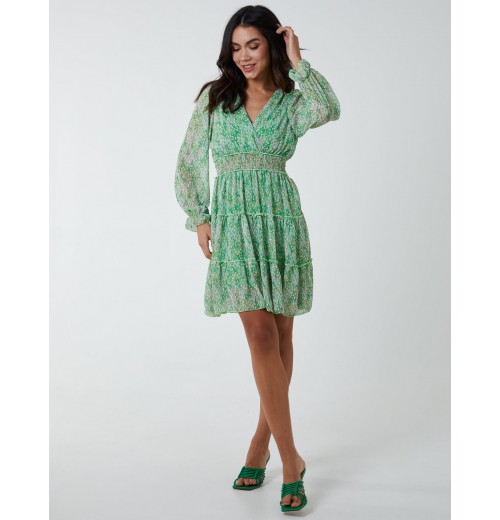 Sheared Waist Tiered Crossover Chiffon Print Dress Sheared Waist Tiered Crossover Chiffon Print Dress