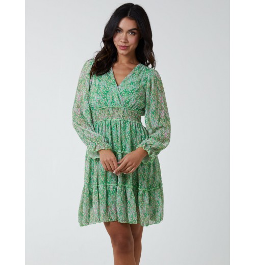 Sheared Waist Tiered Crossover Chiffon Print Dress Sheared Waist Tiered Crossover Chiffon Print Dress