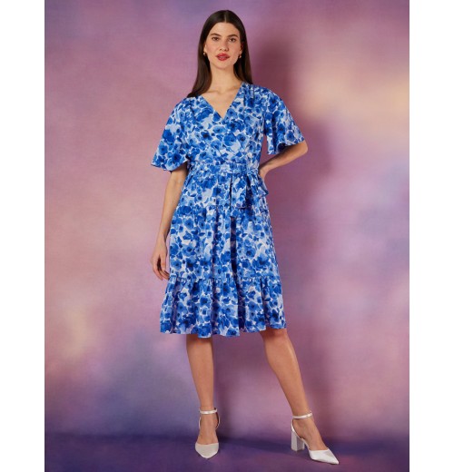 Wrap Front Tier Hem Angel Sleeve Dress Wrap Front Tier Hem Angel Sleeve Dress