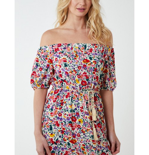 Bardot Midi Dress With Frill Hem Bardot Midi Dress With Frill Hem