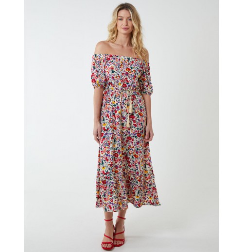 Bardot Midi Dress With Frill Hem Bardot Midi Dress With Frill Hem