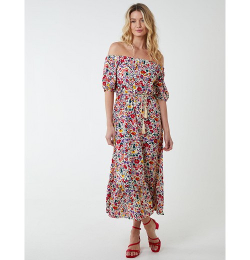 Bardot Midi Dress With Frill Hem Bardot Midi Dress With Frill Hem