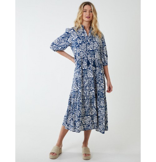 Manderin Collar Trapezed Dress With 3/4 Sleeves Manderin Collar Trapezed Dress With 3/4 Sleeves